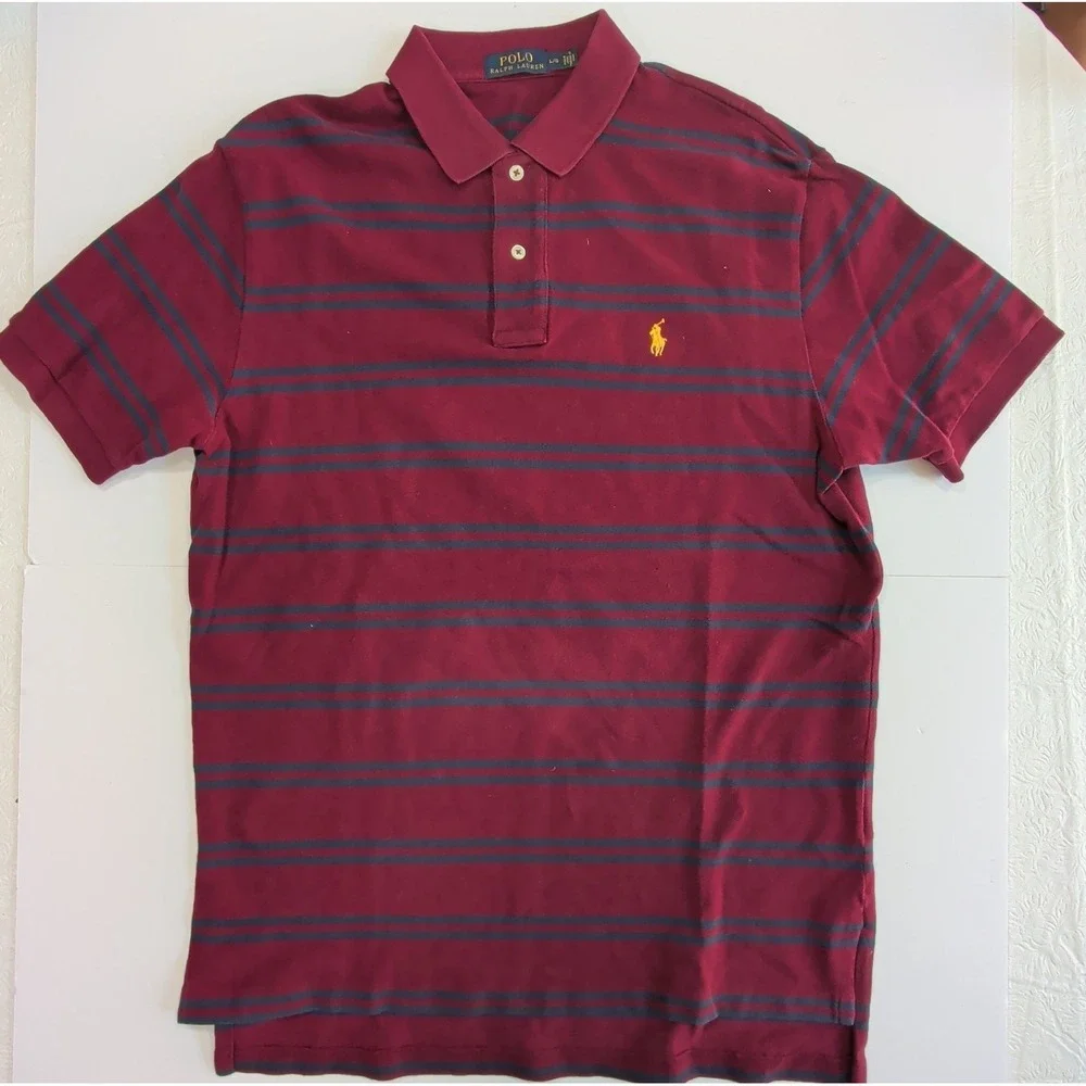 Ralph Lauren Polo Shirt Mens Large Maroon Navy Striped Cotton Preppy Campus L